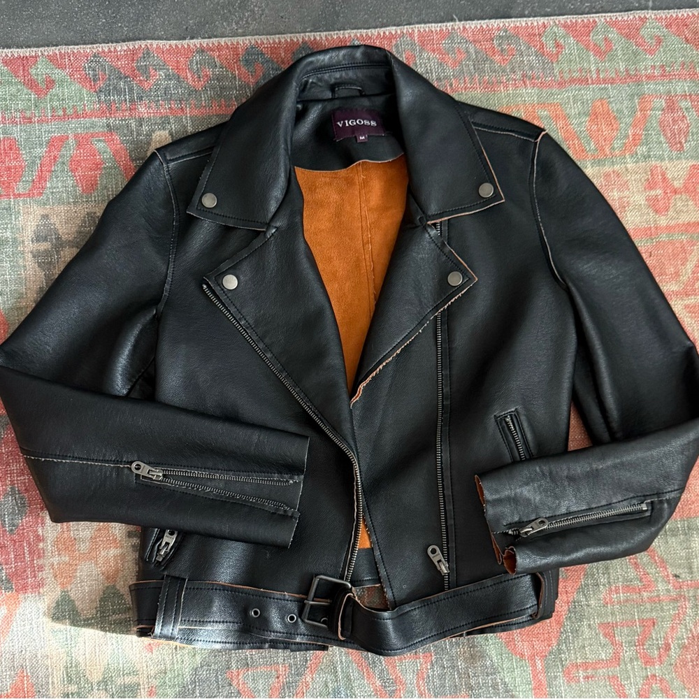 Vigoss Black Faux Leather Moto Jacket with Brown lining